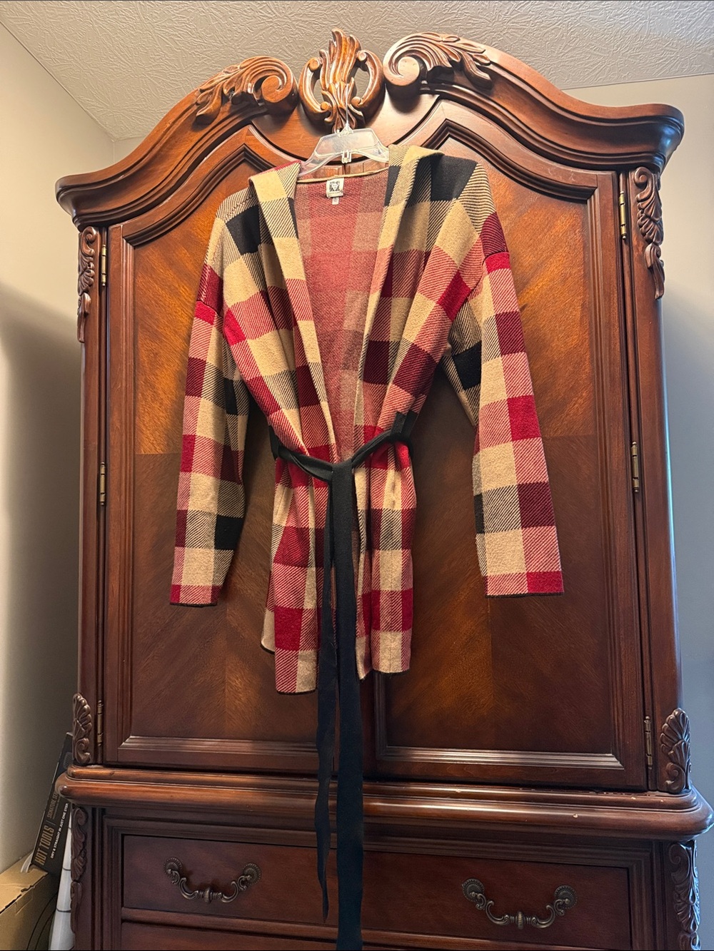 Anne Klein Red Tan Black Plaid Hooded Belted Cardigan Coat